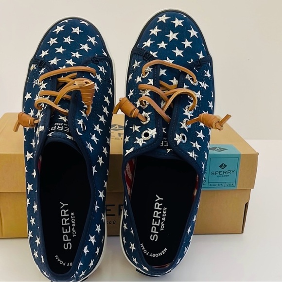 Sperry Shoes - Sperry Navy Pier View Stars Print Canvas Sneakers with Tan Laces Size 7 1/2